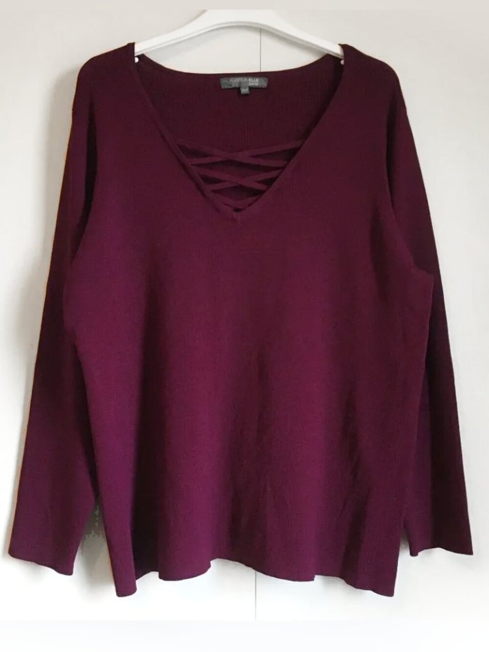 Addition Elle Cranberry Cross Tie V-Neck Rayon Blend Knit Sweater- 2XP Romantic